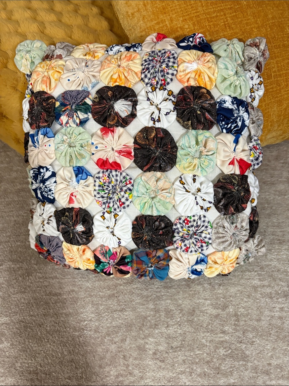 Vintage Handcrafted Multicolor Yo-Yo Patch Pillow - Home Accents 11” X 11”